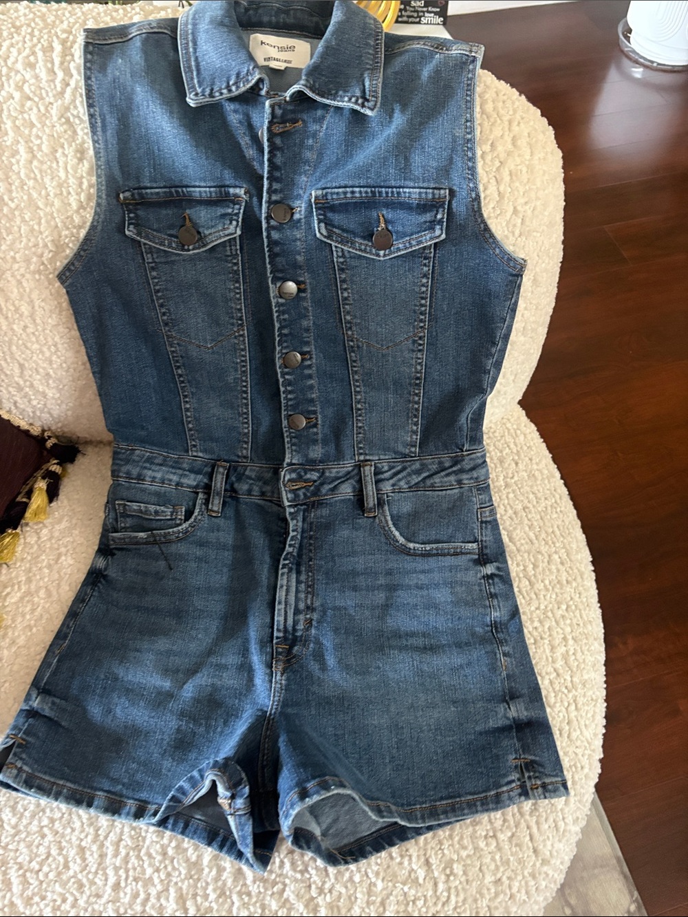 Kensie Denim Sleeveless One-Piece Romper - Blue Sz M